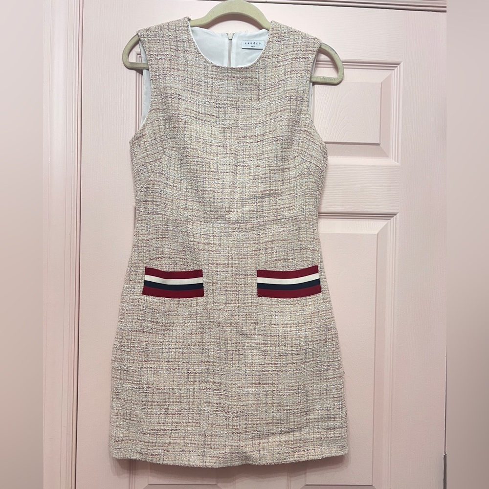 Sandro Tweed Dress Pinafore beige with striped pockets